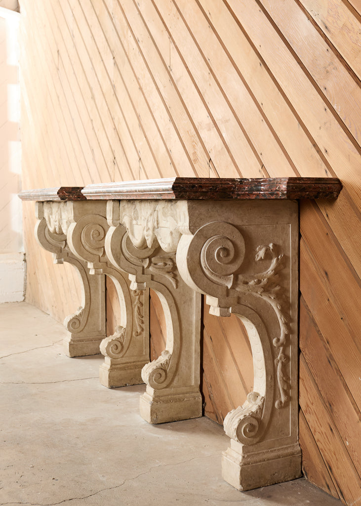 Pair of Dennis and Leen Hadrian Stone Marble Top Wall Consoles