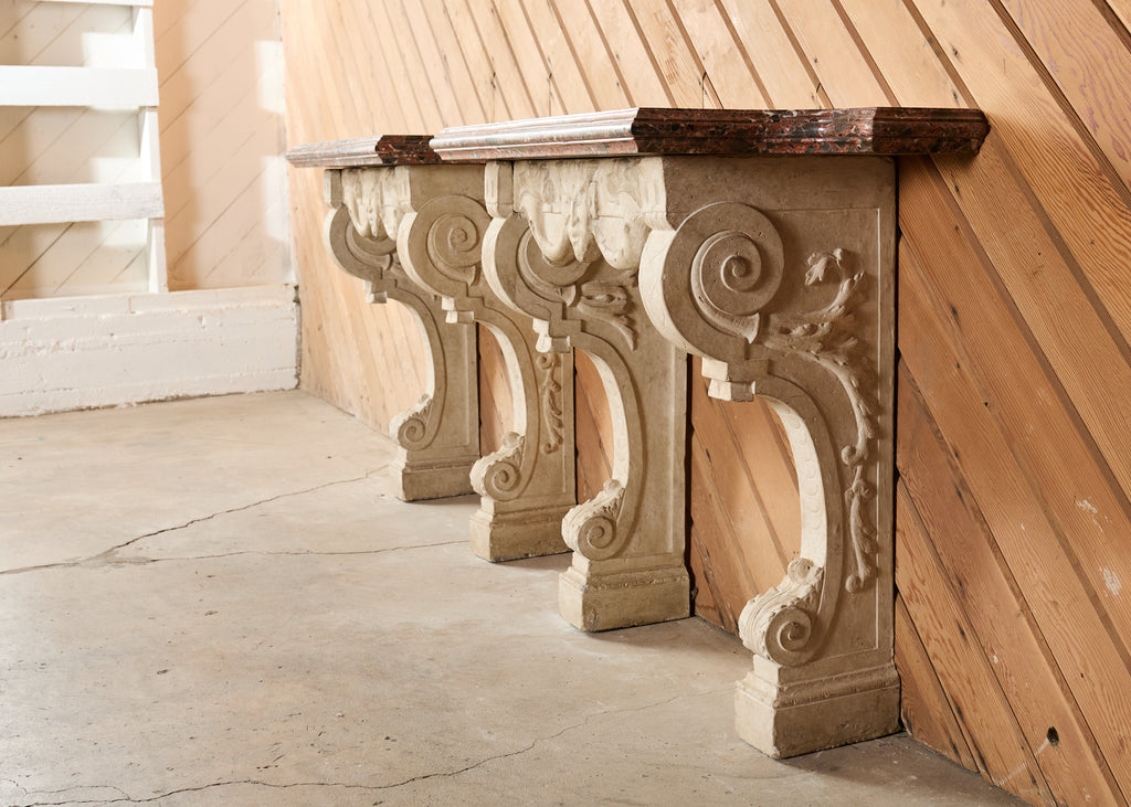 Pair of Dennis and Leen Hadrian Stone Marble Top Wall Consoles