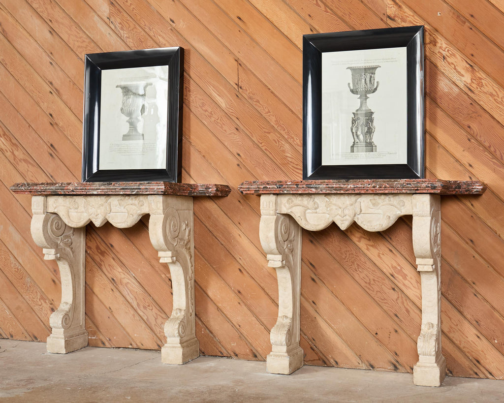 Pair of Dennis and Leen Hadrian Stone Marble Top Wall Consoles