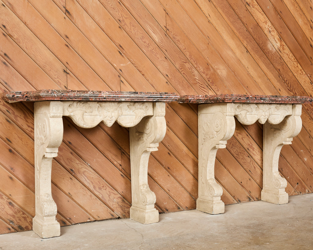 Pair of Dennis and Leen Hadrian Stone Marble Top Wall Consoles