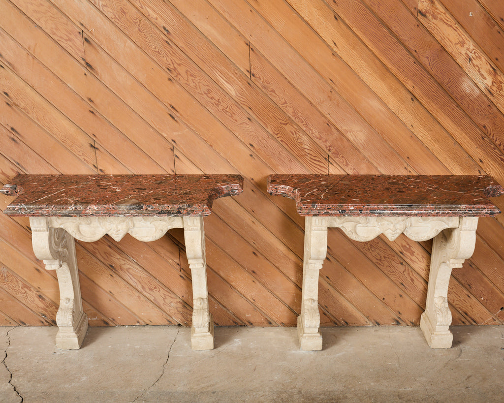 Pair of Dennis and Leen Hadrian Stone Marble Top Wall Consoles