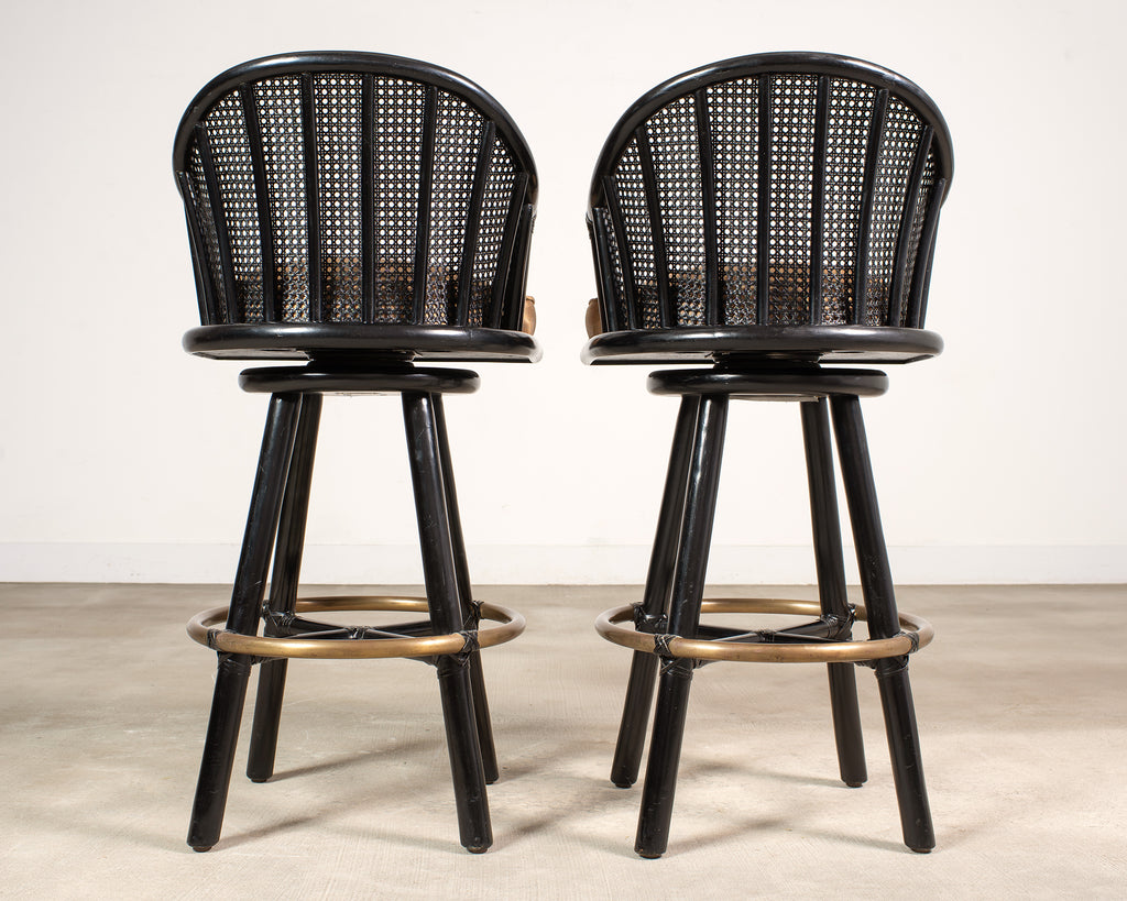 Pair of McGuire Lacquered Rattan Cane Swivel Barstools