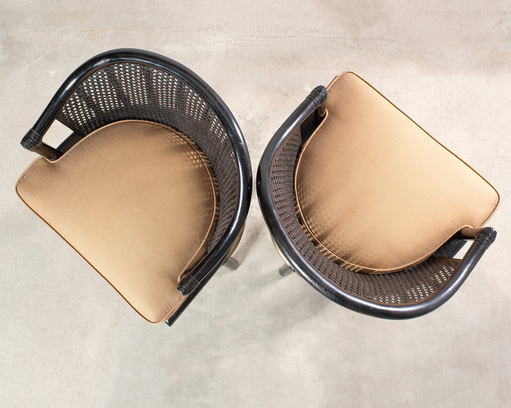 Pair of McGuire Lacquered Rattan Cane Swivel Barstools