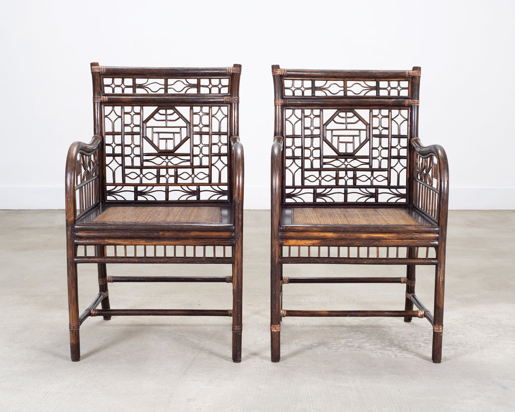 Pair of McGuire Chinese Chippendale Rattan Fretwork Armchairs