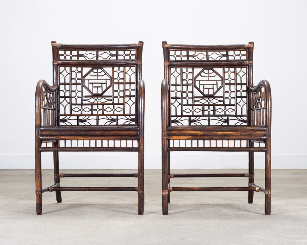 Pair of McGuire Chinese Chippendale Rattan Fretwork Armchairs