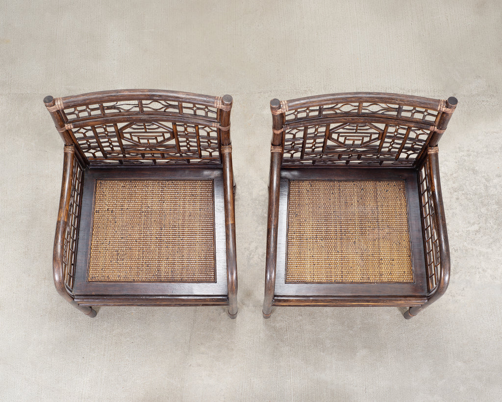 Pair of McGuire Chinese Chippendale Rattan Fretwork Armchairs