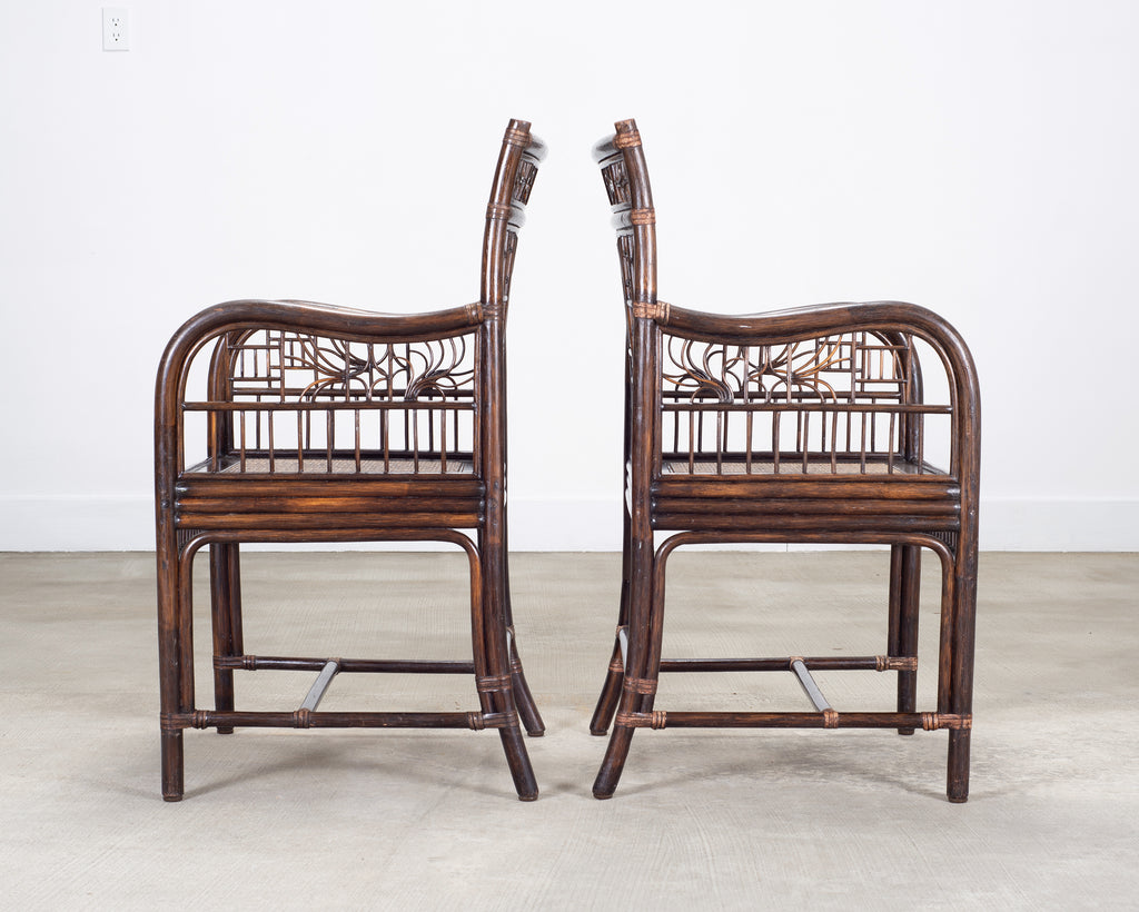 Pair of McGuire Chinese Chippendale Rattan Fretwork Armchairs