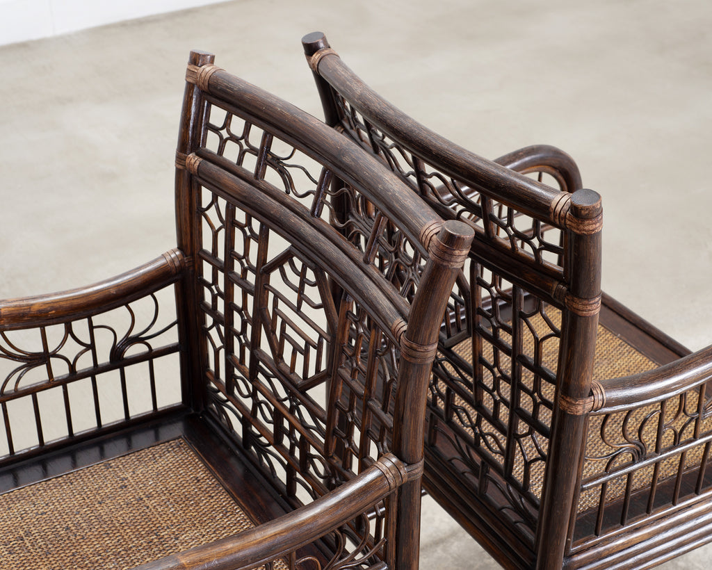 Pair of McGuire Chinese Chippendale Rattan Fretwork Armchairs