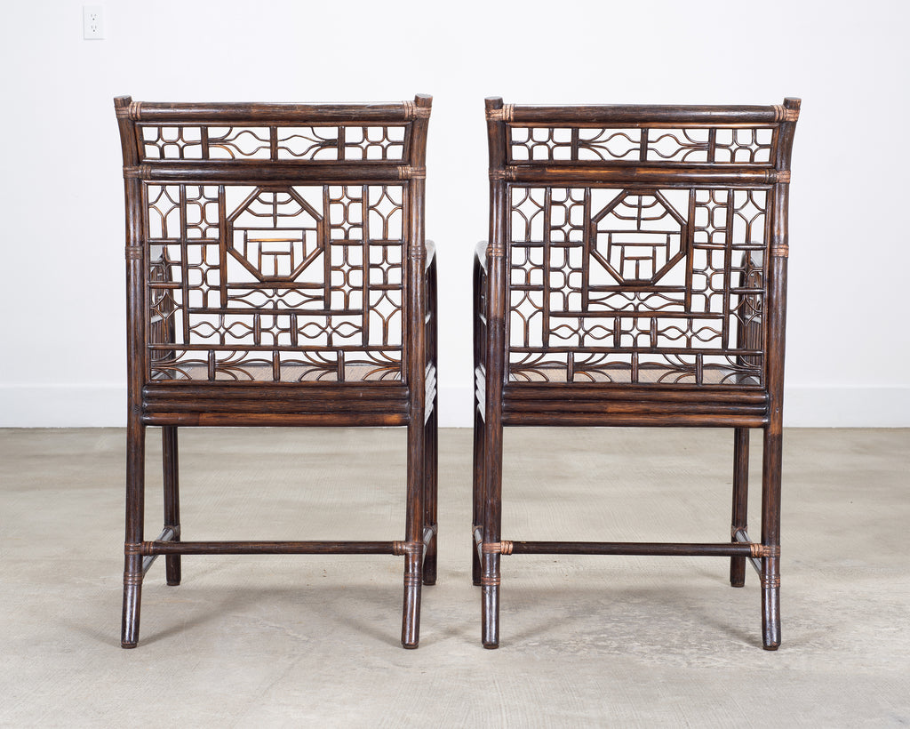 Pair of McGuire Chinese Chippendale Rattan Fretwork Armchairs