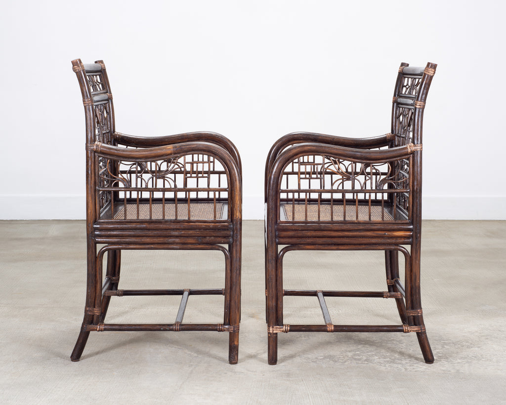 Pair of McGuire Chinese Chippendale Rattan Fretwork Armchairs
