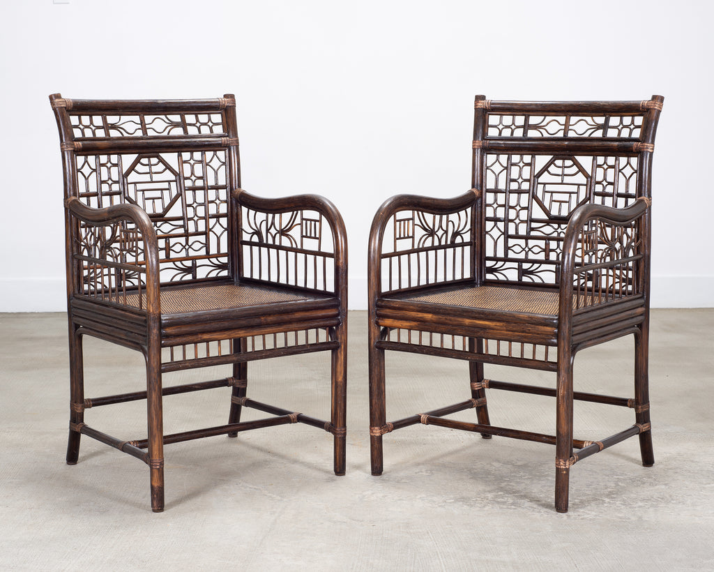 Pair of McGuire Chinese Chippendale Rattan Fretwork Armchairs
