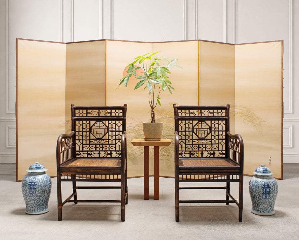 Pair of McGuire Chinese Chippendale Rattan Fretwork Armchairs