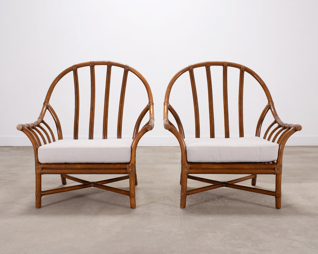 Pair of McGuire Organic Modern Rattan Lounge Chairs + Ottoman