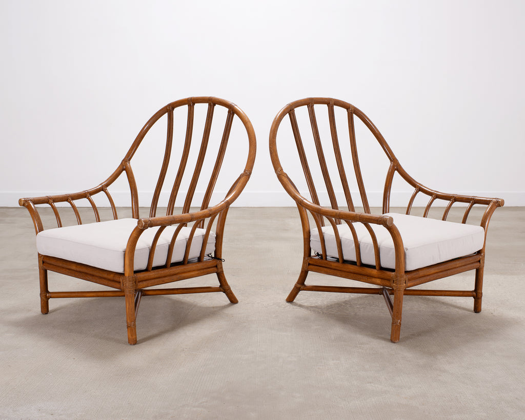 Pair of McGuire Organic Modern Rattan Lounge Chairs + Ottoman