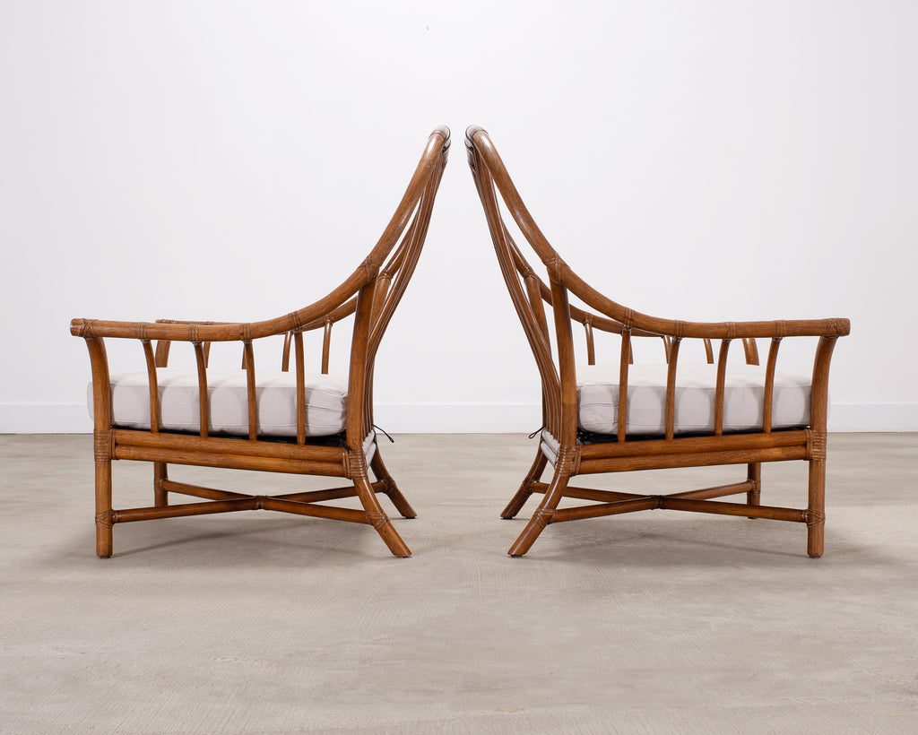 Pair of McGuire Organic Modern Rattan Lounge Chairs + Ottoman