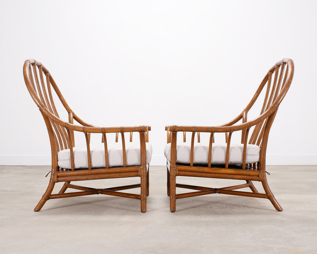 Pair of McGuire Organic Modern Rattan Lounge Chairs + Ottoman