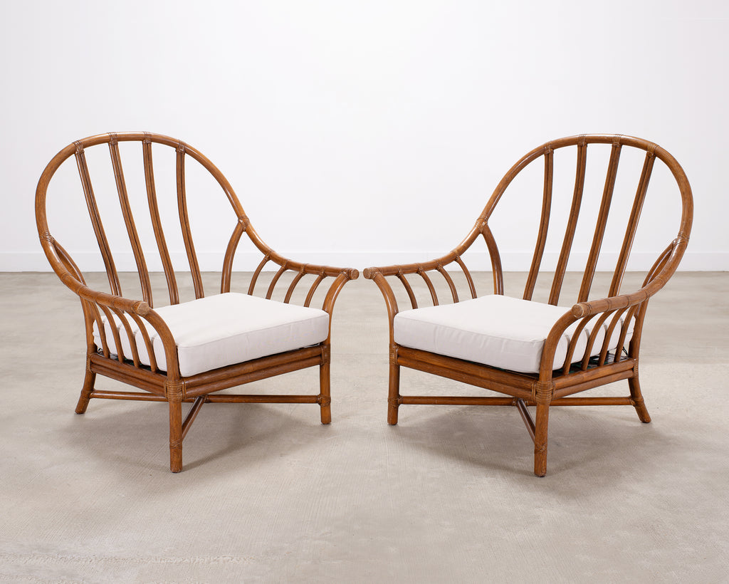 Pair of McGuire Organic Modern Rattan Lounge Chairs + Ottoman