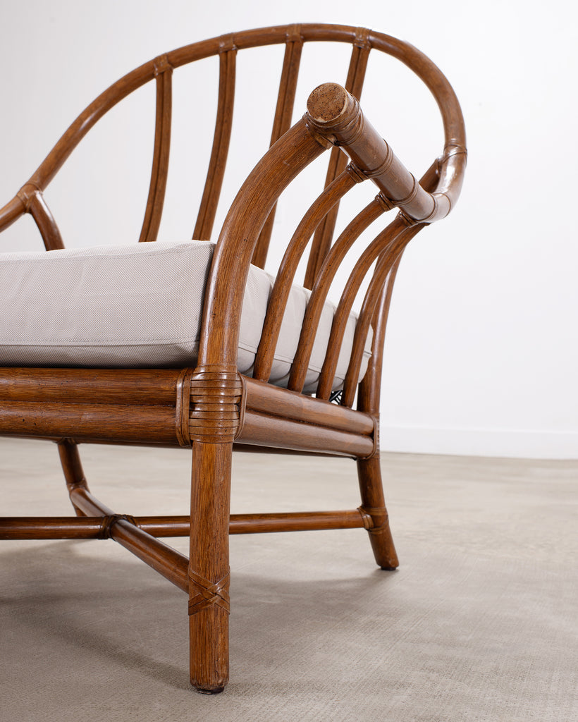 Pair of McGuire Organic Modern Rattan Lounge Chairs + Ottoman
