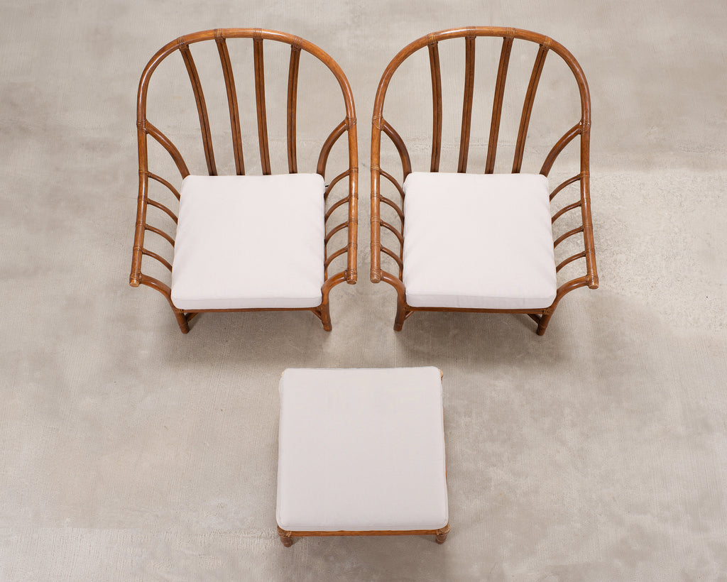 Pair of McGuire Organic Modern Rattan Lounge Chairs + Ottoman