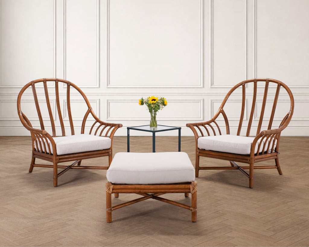 Pair of McGuire Organic Modern Rattan Lounge Chairs + Ottoman