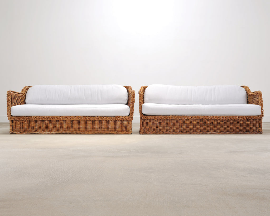Pair of Michael Taylor Style Organic Modern Wicker Rattan Sofas