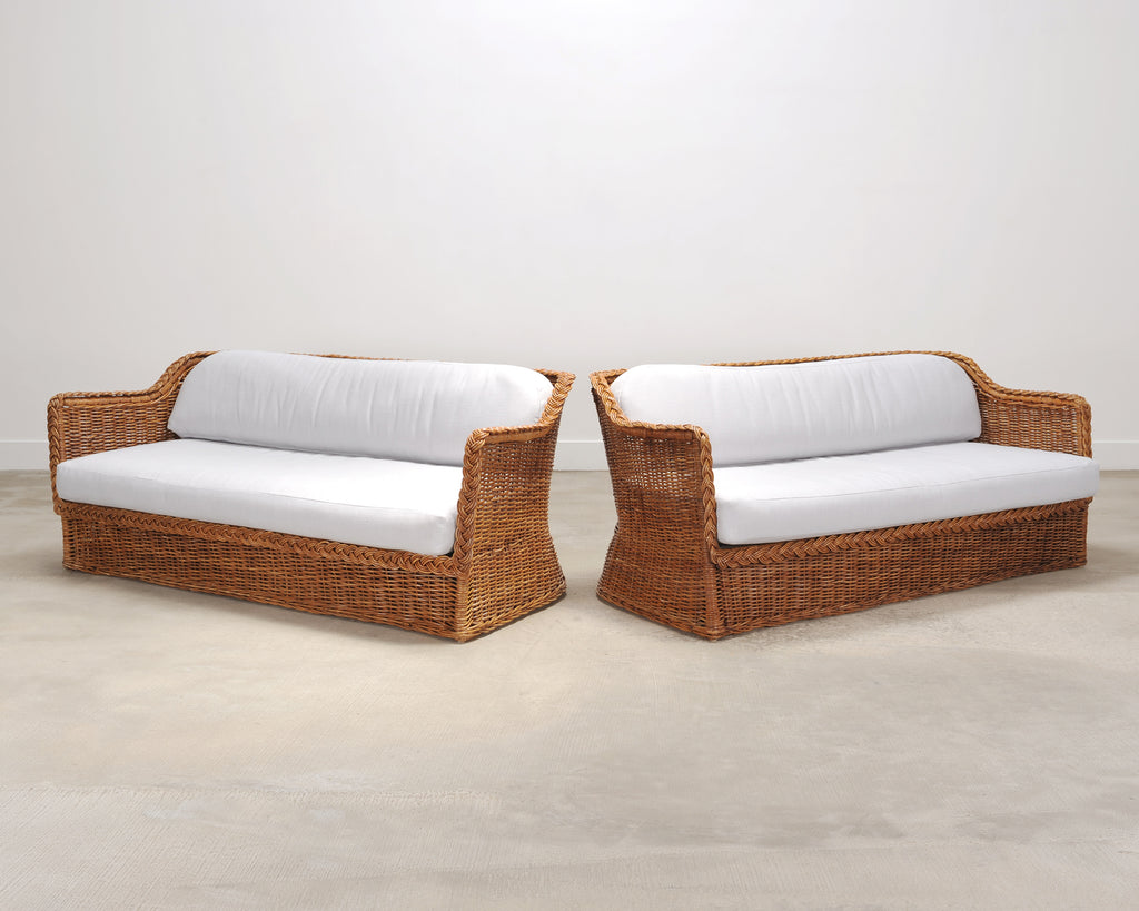 Pair of Michael Taylor Style Organic Modern Wicker Rattan Sofas