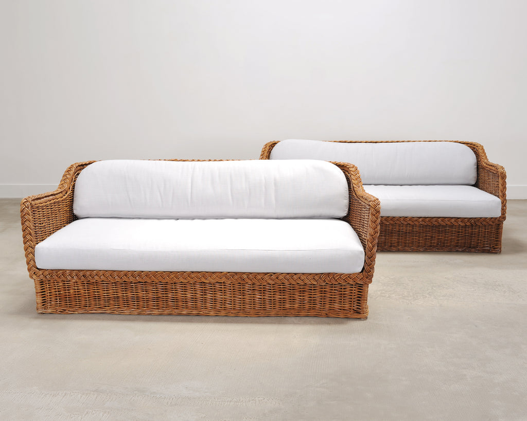Pair of Michael Taylor Style Organic Modern Wicker Rattan Sofas