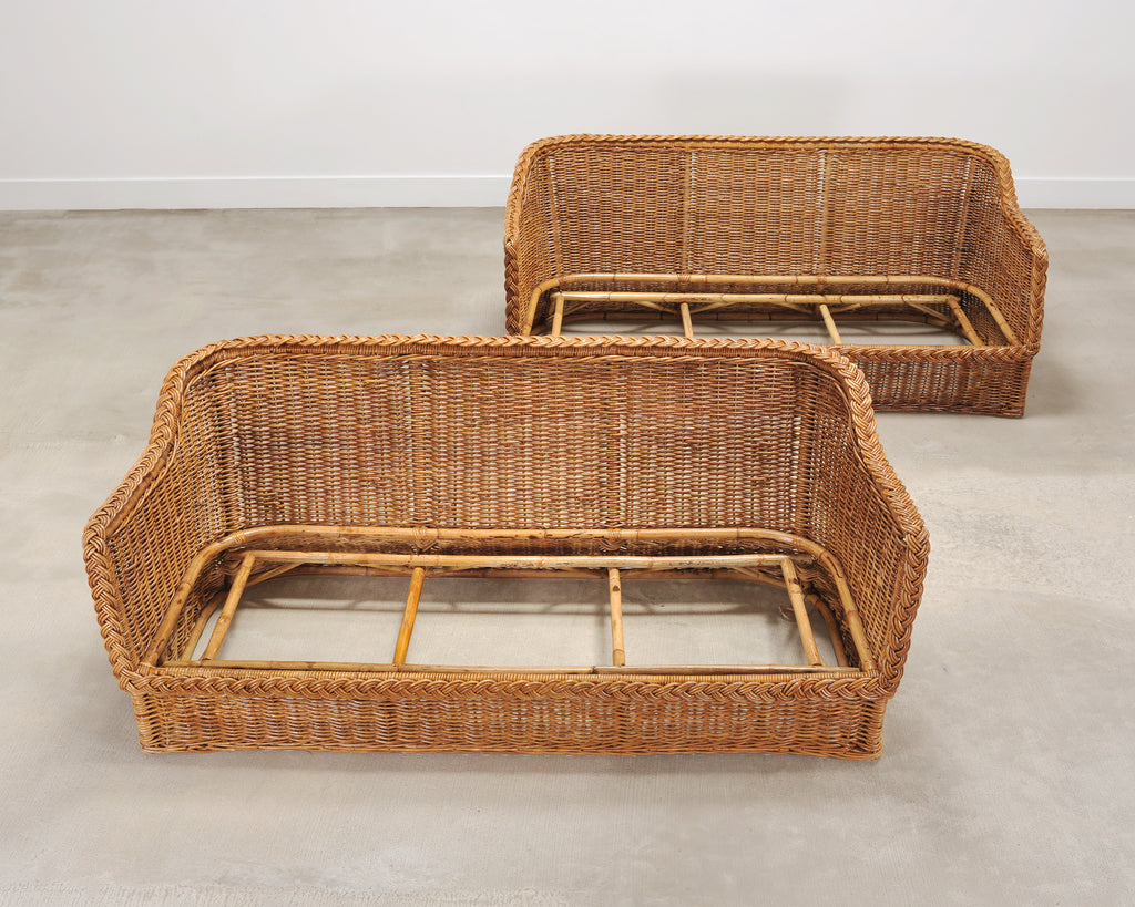 Pair of Michael Taylor Style Organic Modern Wicker Rattan Sofas