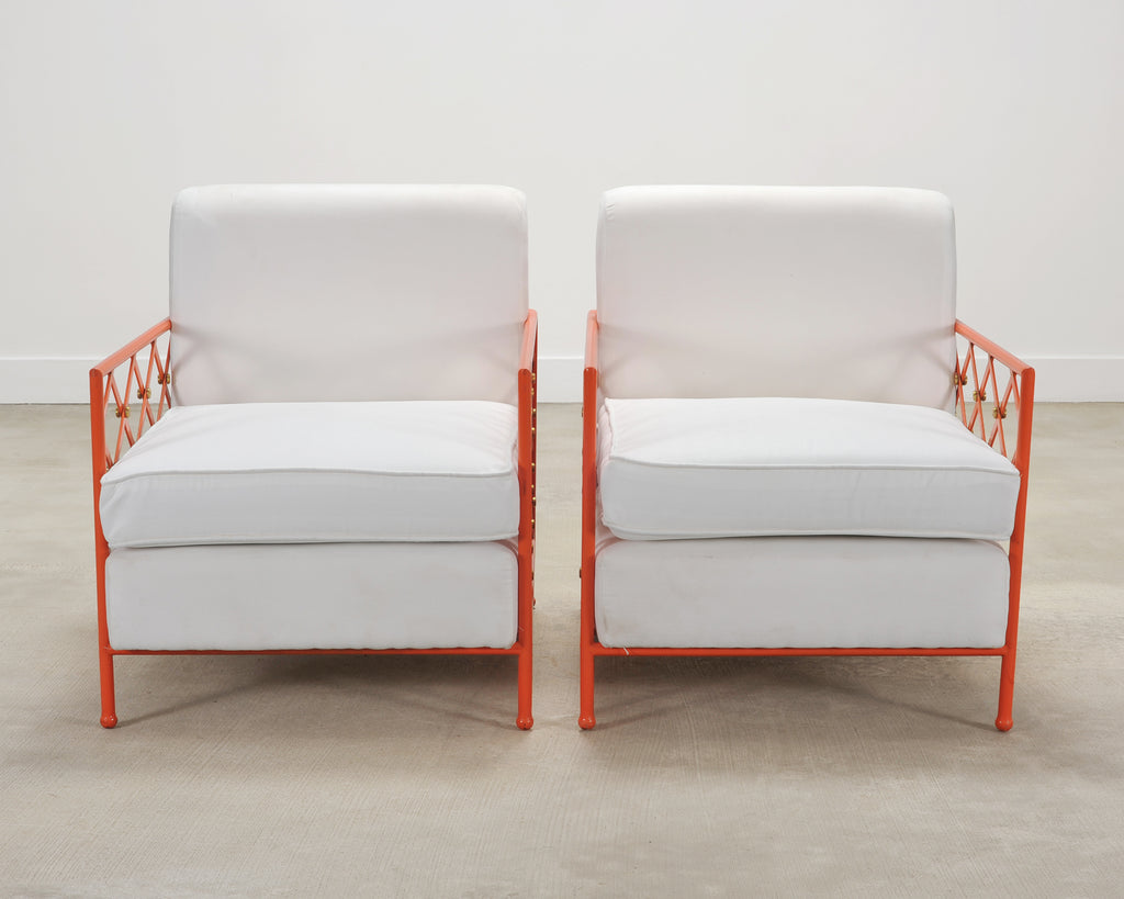 Pair of French Maison Jean Orange Iron Lattice Lounge Chairs