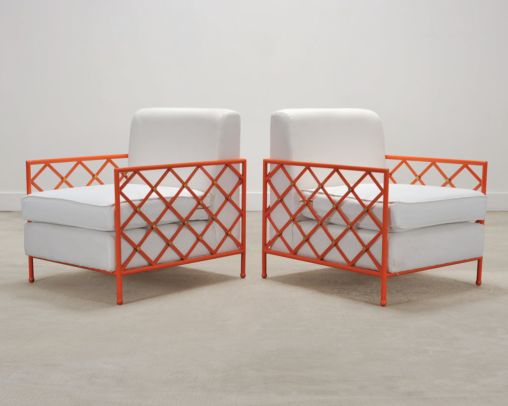Pair of French Maison Jean Orange Iron Lattice Lounge Chairs