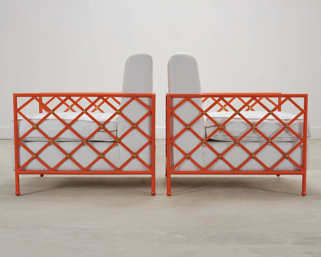 Pair of French Maison Jean Orange Iron Lattice Lounge Chairs