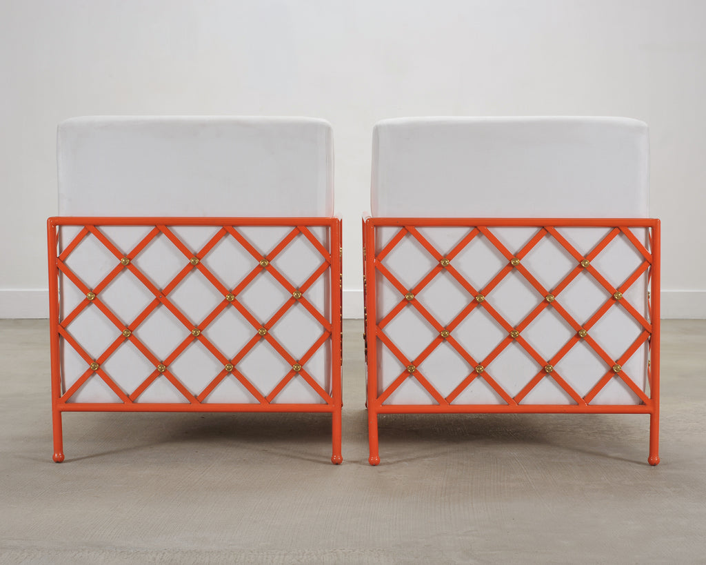 Pair of French Maison Jean Orange Iron Lattice Lounge Chairs