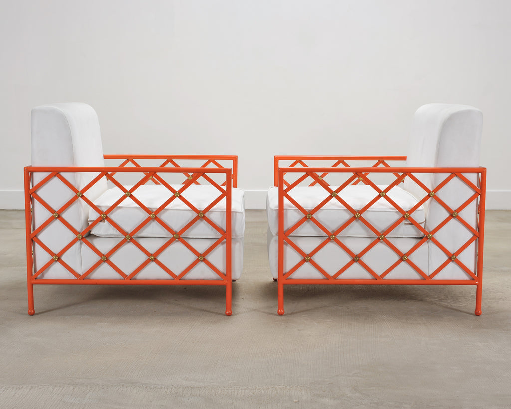 Pair of French Maison Jean Orange Iron Lattice Lounge Chairs