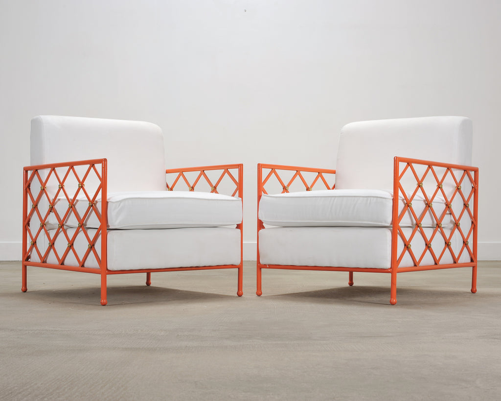 Pair of French Maison Jean Orange Iron Lattice Lounge Chairs
