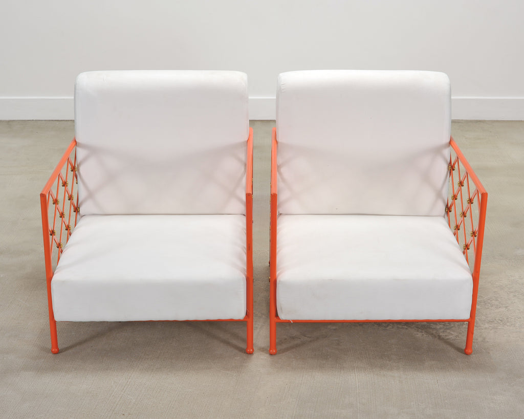 Pair of French Maison Jean Orange Iron Lattice Lounge Chairs