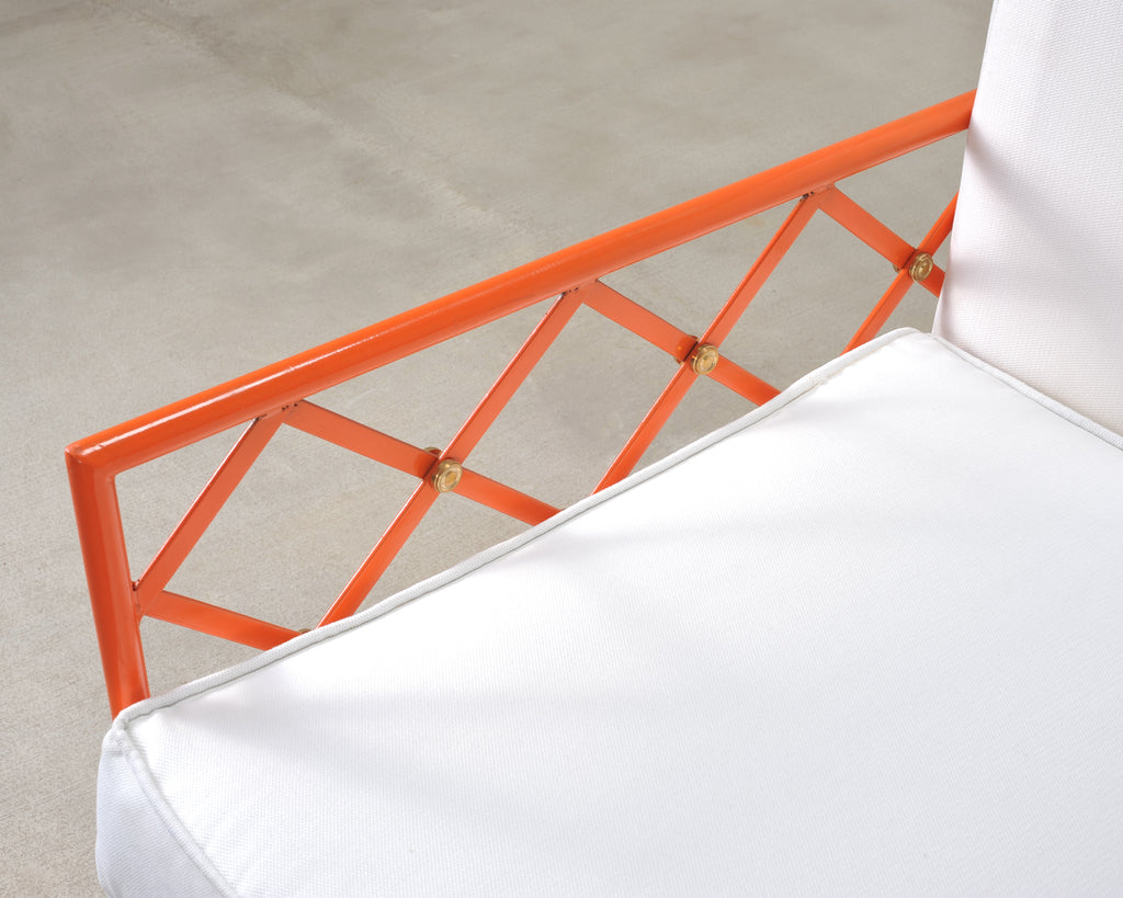 Pair of French Maison Jean Orange Iron Lattice Lounge Chairs