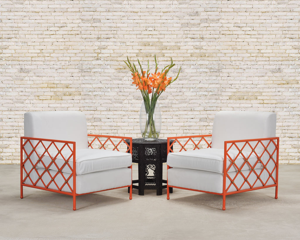 Pair of French Maison Jean Orange Iron Lattice Lounge Chairs