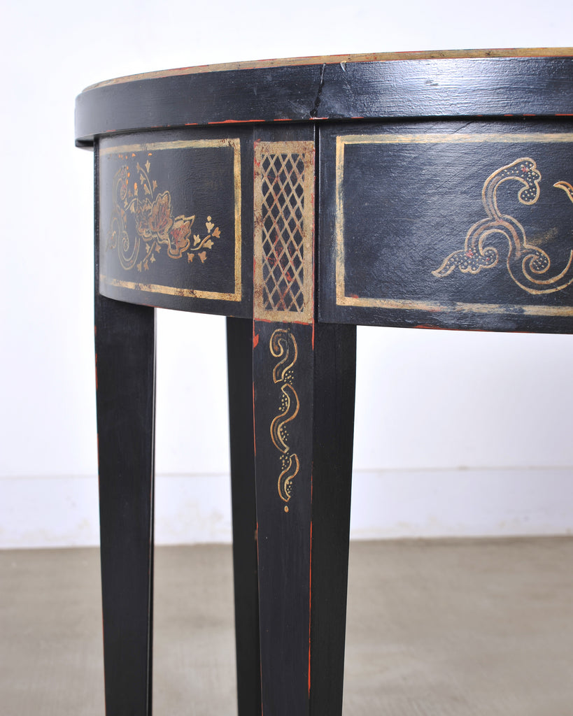 Pair of Regency Style Chinoiserie Decorated Demilune Consoles