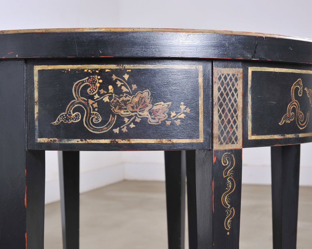 Pair of Regency Style Chinoiserie Decorated Demilune Consoles