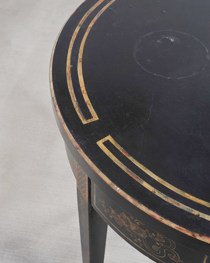 Pair of Regency Style Chinoiserie Decorated Demilune Consoles