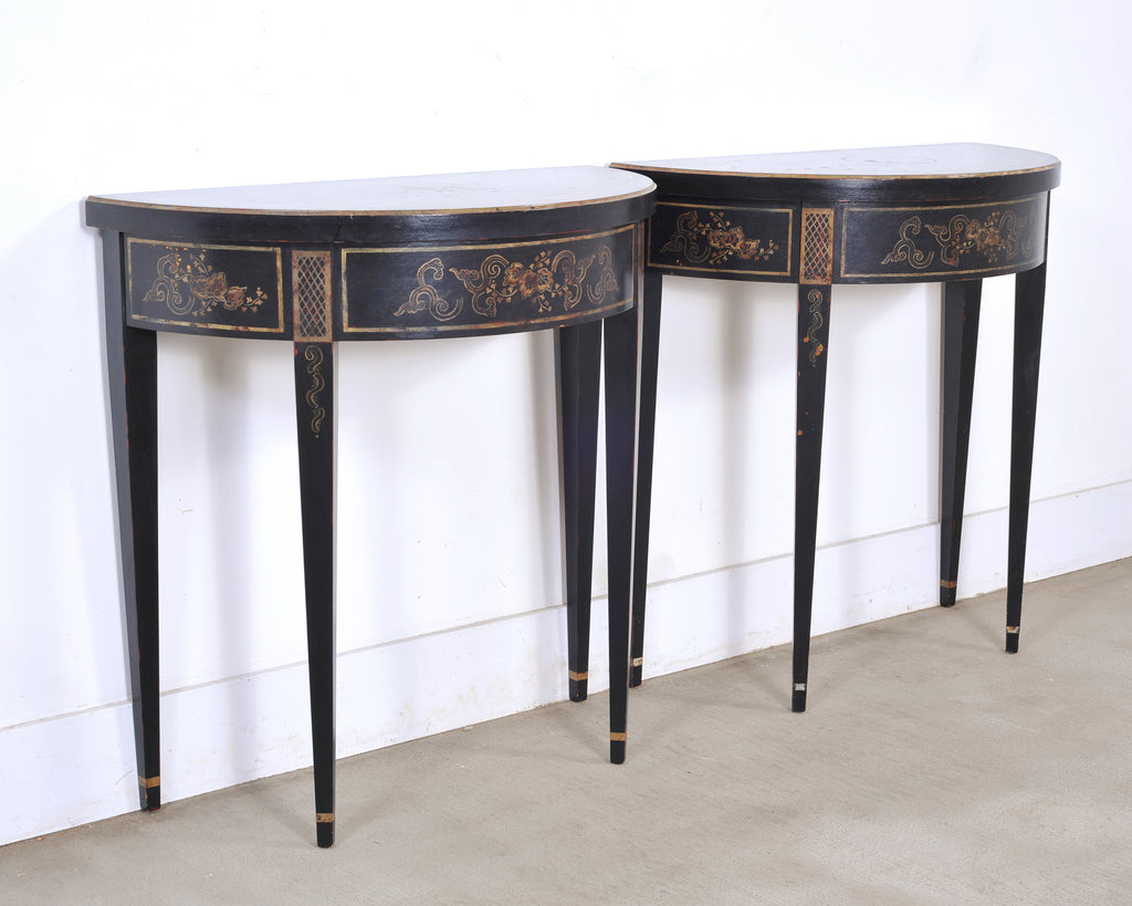 Pair of Regency Style Chinoiserie Decorated Demilune Consoles