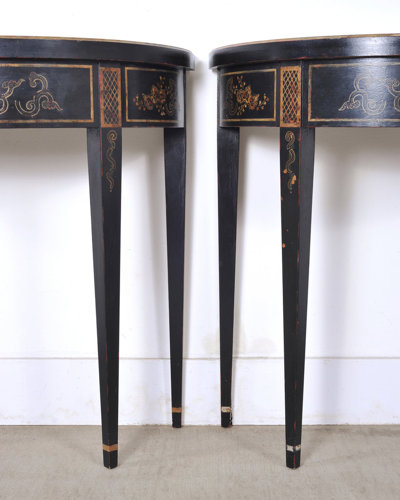 Pair of Regency Style Chinoiserie Decorated Demilune Consoles