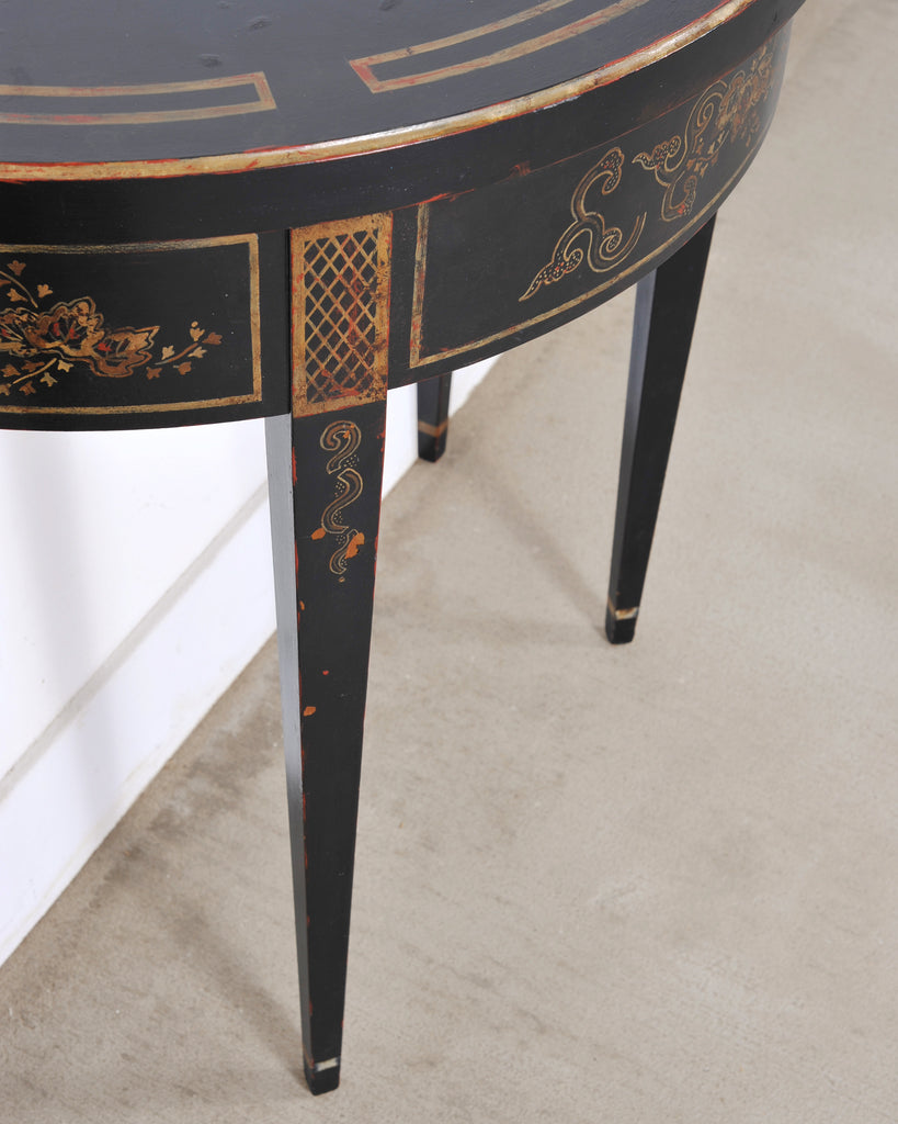 Pair of Regency Style Chinoiserie Decorated Demilune Consoles