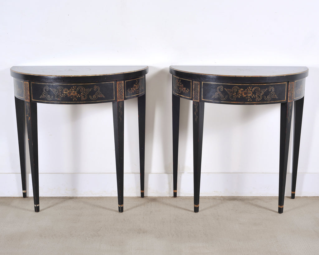 Pair of Regency Style Chinoiserie Decorated Demilune Consoles