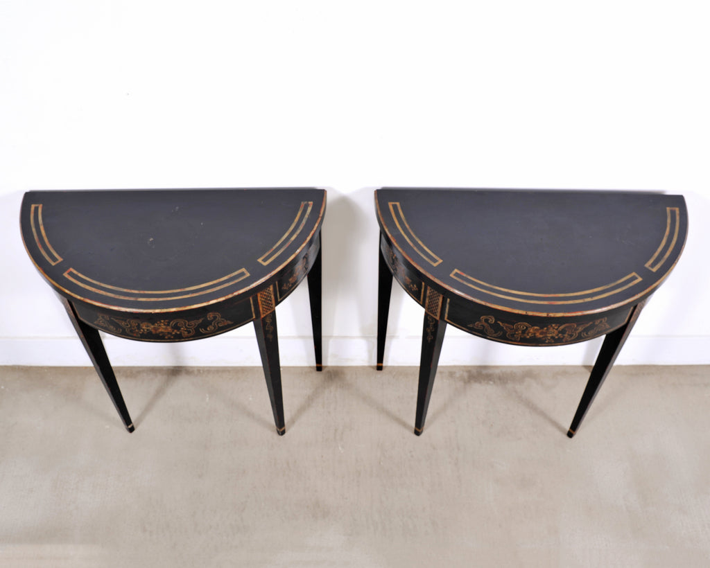 Pair of Regency Style Chinoiserie Decorated Demilune Consoles