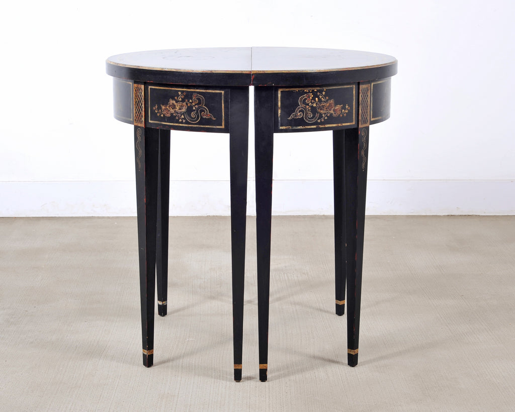 Pair of Regency Style Chinoiserie Decorated Demilune Consoles