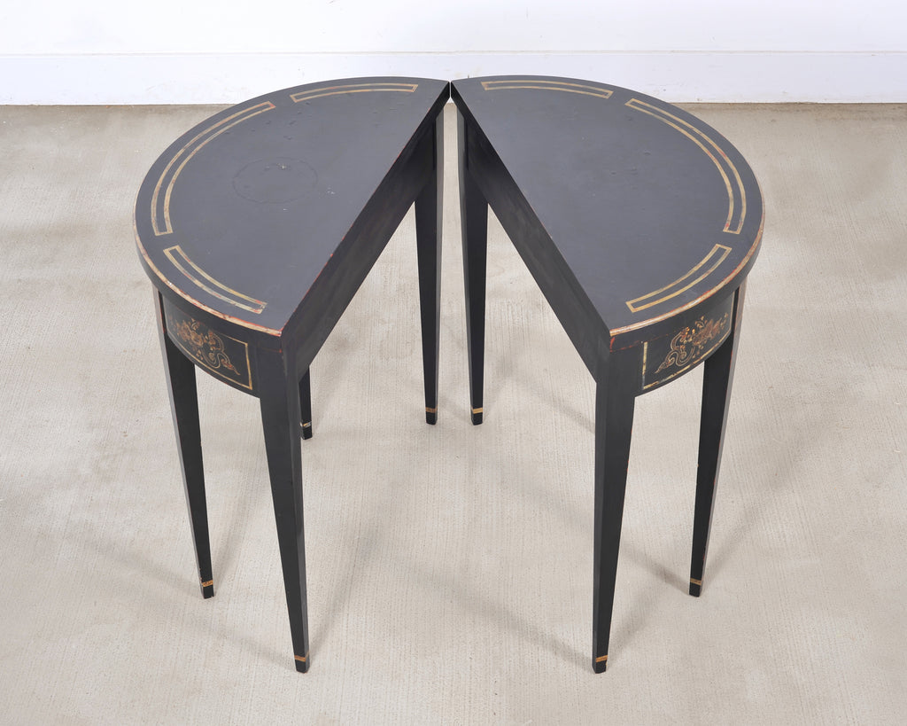Pair of Regency Style Chinoiserie Decorated Demilune Consoles