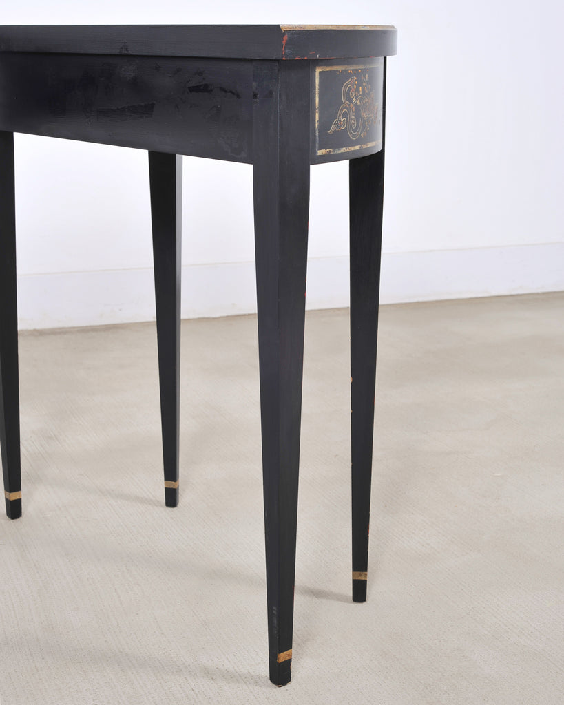 Pair of Regency Style Chinoiserie Decorated Demilune Consoles