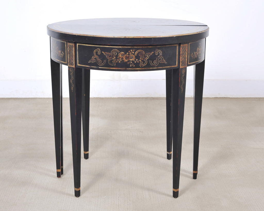 Pair of Regency Style Chinoiserie Decorated Demilune Consoles