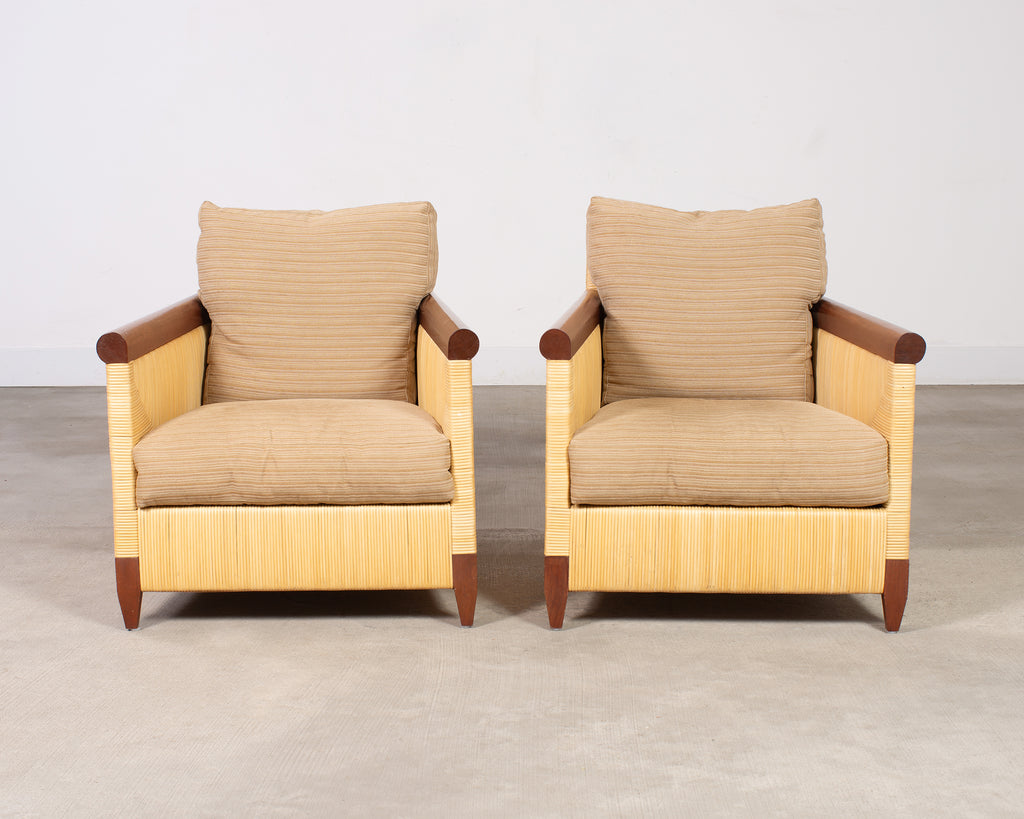 Pair John Hutton for Donghia Merbau Rattan Lounge Chairs